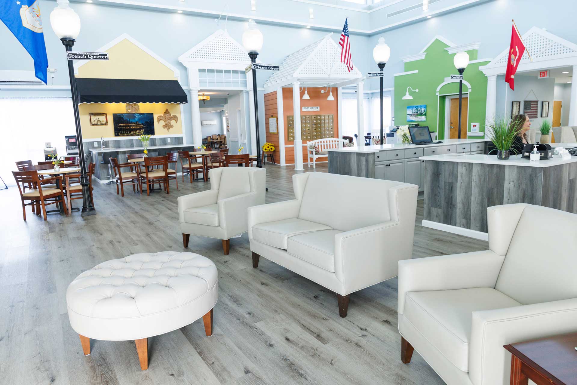 main area, with mailboxes, front desk, and multiple sitting areas